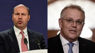 澳洲财政部长弗莱登伯格（左）表示支持全球气候目标符合澳洲的利益，但正在美国访问的澳洲总理莫里森（右），似乎对此不知情。（图取自路透社和法新社）