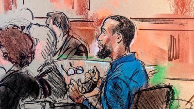 根据法庭现场画像，IS成员埃尔谢赫4月1日在美国联邦法院受审时，摘下口罩和眼镜面审。（图取自路透社）
