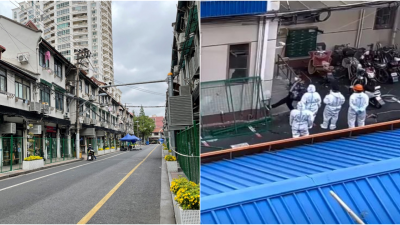 施工人员在上海封控区小区居民的门口架起铁栅栏，把阳性单元所在的整个居民楼封起来。右图为在施工期间，当地一名男子愤怒脚踢栅栏抗议。（图取自路透社/网络）