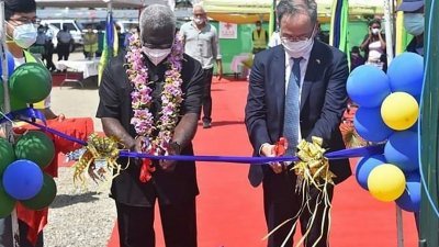 中国驻所罗门群岛大使李明（右）和所罗门总理索加瓦雷本月22日，在霍尼亚拉中国出资兴建的国家体育场的开幕式上剪彩。（图取自法新社）