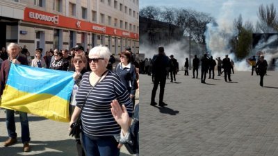社交媒体上载的视频显示，乌克兰赫尔松州居民周三在当地的自由广场示威（左），抗议俄罗斯入侵，期间遭到当局发射催泪弹，示威人群四处散开。（图取自路透社）