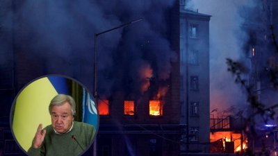 导弹袭击是在联合国秘书长古特雷斯（小图）和乌克兰总统泽连斯基会谈结束后发生，其中一枚击中了一栋25层住宅楼的较低楼层，冒出大量浓烟。古特雷斯表示很震惊。（图取自路透社）