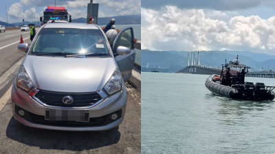 失踪者把银色迈威轿车停放在槟城大桥旁；搜救队伍在槟城大桥海域展开搜救工作。