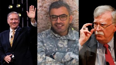 美国司法部控告伊朗革命卫队成员普尔萨菲（中），涉买凶暗杀前国家安全顾问的博尔顿（右）。美国前国务卿蓬佩奥（左）也传出被列为刺杀目标。（图取自FBI/路透社）