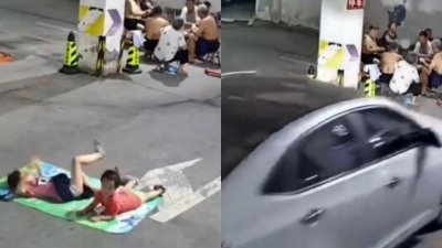 中国一名奶奶带2名孙女到社区的地下停车场乘凉，不料一辆轿车（右图）高速驶来辗过2女童。（视频截图）