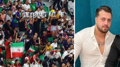 周二伊朗对美国的世界杯第3场分组赛，伊朗球迷在观众席上展示伊朗库尔德族女子阿米尼的名字。阿米尼9月被指未戴好头巾，遭警察拘留期间离奇死亡。右图为被指遭伊朗安全部队射杀的27岁男子萨马克。（图取自路透社、推特）