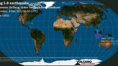 图为美国地质勘探局（USGS）记录到印尼西爪哇当地时间周四上午发生的规模里特制5.8级地震。（图取自Volcano Discovery网站/美国地质勘探局）