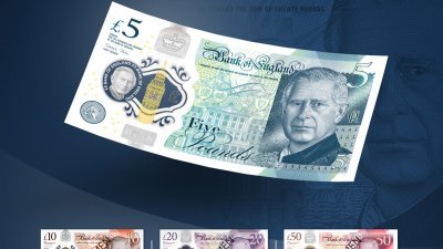 英格兰银行发布新的5英镑、10英镑、20英镑和50英镑塑料钞票设计，上面印有英国国王查尔斯三世的肖像，这些钞票预计将于2024年年中开始流通。（图取自英格兰银行/法新社）