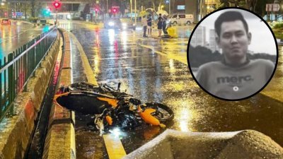 莫哈末赛益夫（小图）为闪避雨天撑伞过马路的72岁老伯，失控翻覆重重摔倒，伤重不治。（受访者提供）