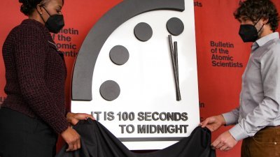 黑斯廷斯集团发布图片，世界末日钟于周四在华盛顿特区公布，今年仍然保持在距离午夜100秒。（图取自黑斯廷斯集团/法新社）