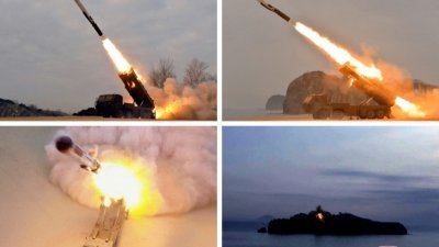 朝鲜官媒本月28日发布组合照片，在未公开的地点进行的导弹试射。（图取自朝中社/路透社）