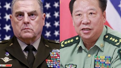 中国中央军委联合参谋部参谋长李作成（右），周四与美军参联会主席米利进行视频通话。（图取自网络）