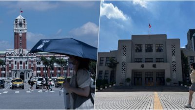 日本前首相安倍晋三遭枪击，送医不治身亡。台湾总统蔡英文决定，各级政府机关（构）、公立学校在周一降半旗一天，以感念安倍毕生对台湾的卓著贡献。图为总统府（左）和立法院降半旗。（图取自中央社）