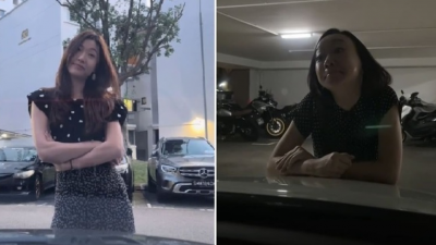 社交媒体流传女子在马新第二通道肉身挡车画面，网民模仿女子的表情和举动，制作戏仿视频。视频截图：Tiktok/missonglai、chiouhuey。