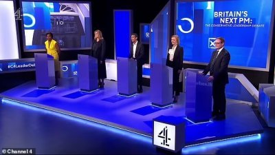 英国保守党党魁5位候选人于周五晚上首登电视，就诚信和税制进行辩论。图左起为巴德诺克、莫尔达特、苏纳克、特拉斯及图根哈特。（图取自网络）