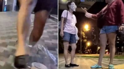 网传视频显示，女子踢翻直播夫妻的食物后，夫妻俩也作出反击。（视频截图）