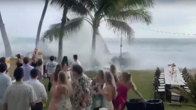 婚礼上的宾客瞧著巨浪来袭，纷纷逃离现场。（图取自网络）