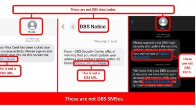 公众收到含有如“SG-DBS”或“DBS-Notice”等标签的不明短讯，声称他们的银行卡或户头因出现不寻常交易而被冻结。（图：新加坡警察部队）
