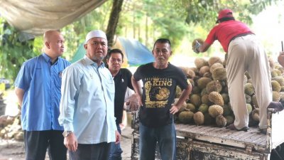 拉兹曼（左2）拜访峇都古劳榴梿收购中心，并向业者了解榴梿相关事宜。