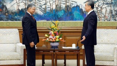 中国外长王毅（右）周三会见印度新任驻华大使罗国栋。（图翻摄自中国杭州网）