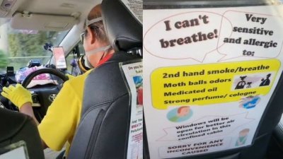 私召车司机载客时会戴上呼吸器，还在车内张贴告示，劝阻乘客吸烟。(图取自TikTok/@tofububblez）