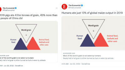 英国杂志《经济学人》的一篇文章摘文称猪吃的食物比中国人还多（左），在引发争议和批评声后，当局删除了相关推文并重新修改该摘文内容（右）。