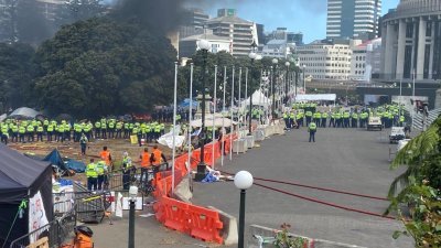 反疫苗示威者周三在议会前和警方发生冲突，不远处冒出滚滚黑烟。（图取自路透社）