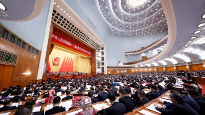 中国13届全国人大5次会议周二在北京人民大会堂，举行第2次全体会议。 （图取自中新社）
