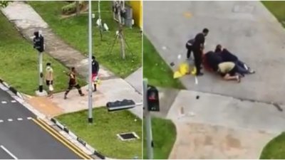 男子（中，左图）挥刀砍向一名男子，随后遭到公众合力制伏。（视频截图）