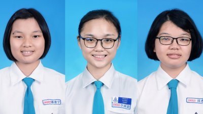 槟华独中生蔡善宇（左起）、李琳蔚及邱莉，皆在2021年初中统考中，考获全科8A佳绩。
