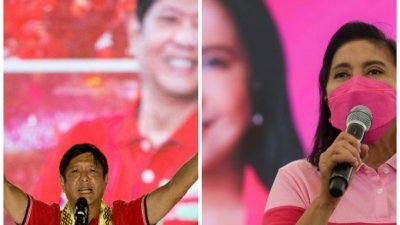 菲律宾总统竞选期已来到最后一周，尽管小马科斯（左）民调暂时领先于主要对手罗布雷多（右），但他表示不会因此分神丢失胜利。（路透社档案照）