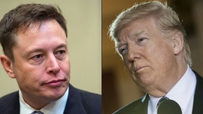 特斯拉（Tesla）首席执行员马斯克（左）称如果成功私有化推特，将取消永久禁止前总统特朗普账号的决定。（图取自法新社）