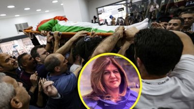 在以色列袭击杰宁时丧生的半岛电视台记者希琳的遗体，在周三被带到位于以色列占领的约旦河西岸拉马拉的新闻频道办公室。小图为位于卡塔尔多哈的的半岛电视台总部大楼内展示了希琳的照片。（图取自路透社）
