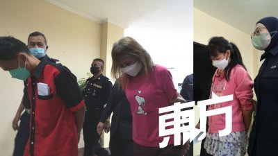 孩童母亲温薇薇（右）及外婆黄韩敏和友人林金文（左）被警方带上庭提控。