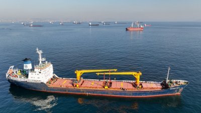 联合协调中心（JCC）官员在周一登上货船 Mehmet Bey，货船等待通过叶尼卡皮海岸附近的博斯普鲁斯海峡（亦称伊斯坦布尔海峡）。