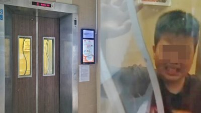 新加坡兀兰第155座组屋的B座电梯，周三下午发生故障，8岁男童林俊瑜受困电梯内。右图为林俊瑜情急哭喊“救命”时，邻居所摄。