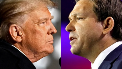 若美国共和党籍前总统特朗普（左）确定2024竞选总统，佛州州长德桑提斯（右）将是他在党内最大的挑战者。（路透社）
