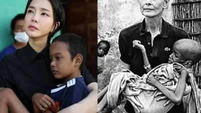 韩国总统夫人金建希（左）探望先天性心脏病儿童的照片，被指模仿赫本（右）。（台湾联合新闻网/影片截图）