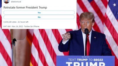 马斯克在推特发起了一项民意调查，就是否恢复美国前总统特朗普被封锁的帐号，询问网民意见。