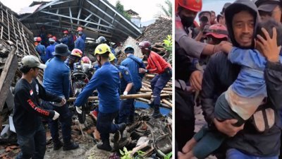 搜救人员将一名6岁男童从一所被毁房屋中解救出来，让救援行动重新燃起希望。（图取自法新社）