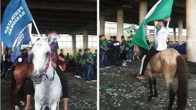 一群男子边骑马边拿著旗的视频传开后，引发网民议论纷纷。