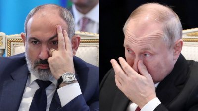 俄罗斯总统普京（右）周三在CSTO峰会上，遭到亚美尼亚总理帕希尼扬（左）当众抗议，控诉该联盟没有帮助亚国解决与阿塞拜疆的持续冲突。（图取自Hayk Baghdasaryan/Photolure/路透社）