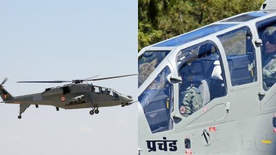 印度国防部长辛格（小图）周一在焦特布尔空军基地，乘坐该国制造的轻型战斗直升机。（图取自印度国防部/法新社）