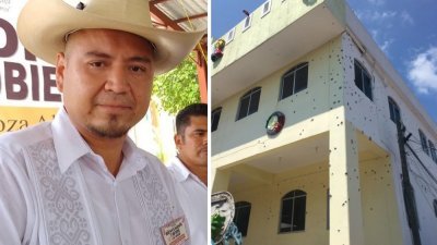 格雷罗州圣米格尔托托拉潘市周三发生的袭击事件，造成市长门多萨死亡，并在市政厅留下大量子弹孔。（图取自网路）