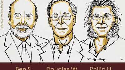 2022年诺贝尔经济学奖由犹太裔美国经济学家伯南克（左）、美国学者戴蒙德（中）及戴布维格共同获奖。（图取自诺贝尔官方推特）