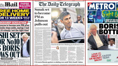 左起为英国《每日邮报》、《每日电讯报》、《大都会报》在周一的头版头条。
