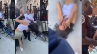 视频画面可见，一名女子在警方逮捕嫌犯时向前争论，然后推了警员一把，警员随后朝女子的脸挥拳，女子倒地后捂著脸，之后被拉起并戴上手铐。