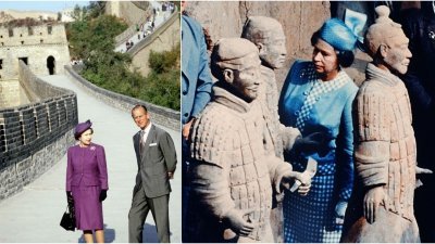 一张英国女王伊丽莎白二世与菲利浦亲王1986年访华时共游长城的旧照（左图）最受中国网民关注，不少网民予以转发。右图为女王参观西安兵马俑。（图取自面子书HM Queen Elizabeth II Fan Page）