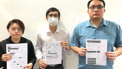 邱爱婷（左起）、受害者和马青黄志亮，手持电子钱包公司的上诉回复邮件、受害者报案副本及受害者被诈骗的转账记录。