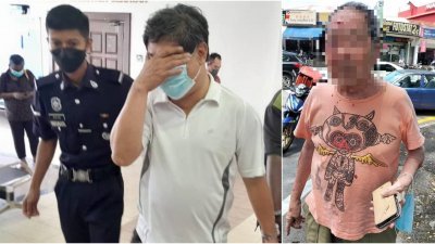 身穿白衣被告杨铭祥（左2），周五上午因殴打老翁（右图）被控上庭时，以手遮脸。